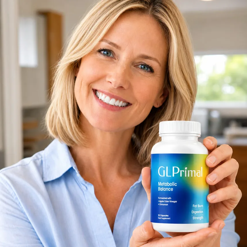 Lächelnde Frau hält eine Dose GLPrimal in ihrer Küche
