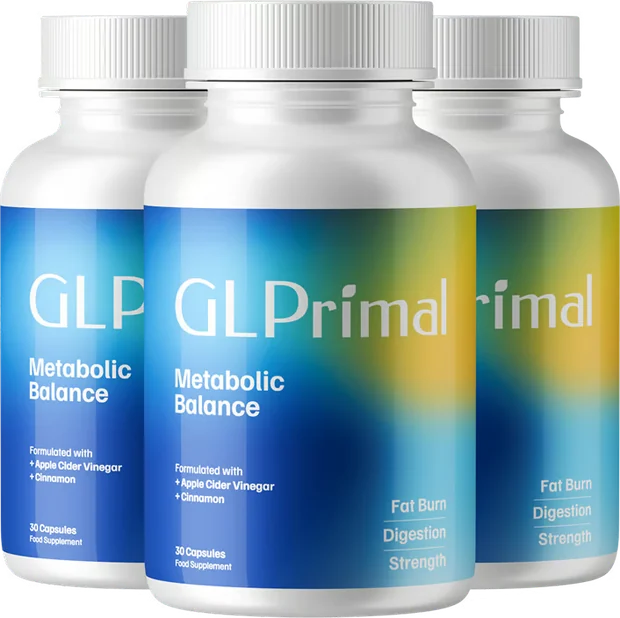 Drei Dosen GLPrimal Metabolic Balance nebeneinander aufgestellt