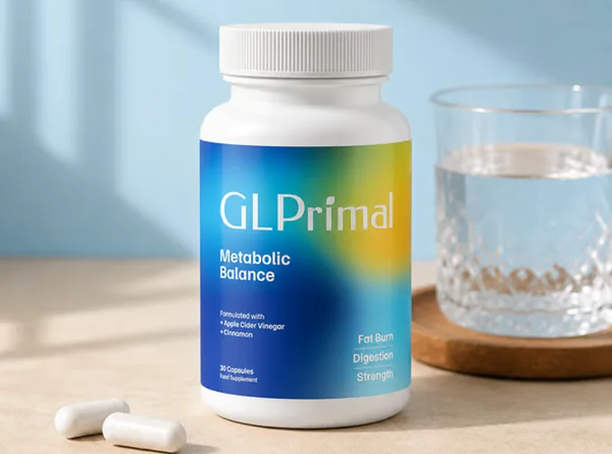 GLPrimal Dose neben einem Wasserglas und zwei weißen Kapseln